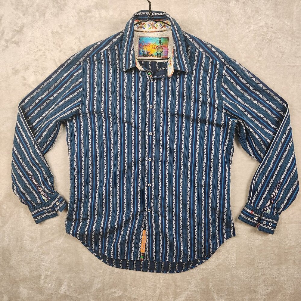 Robert Graham Flip Cuff Shirt Embroidery Details Blue Men's Size XL